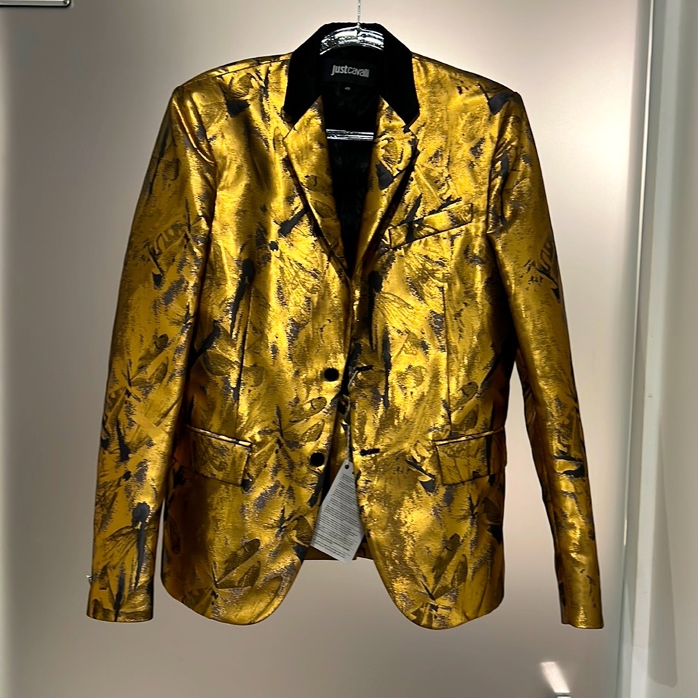 Just Cavalli fashion jacket. Very special. Gold. Size 48. New with tags.